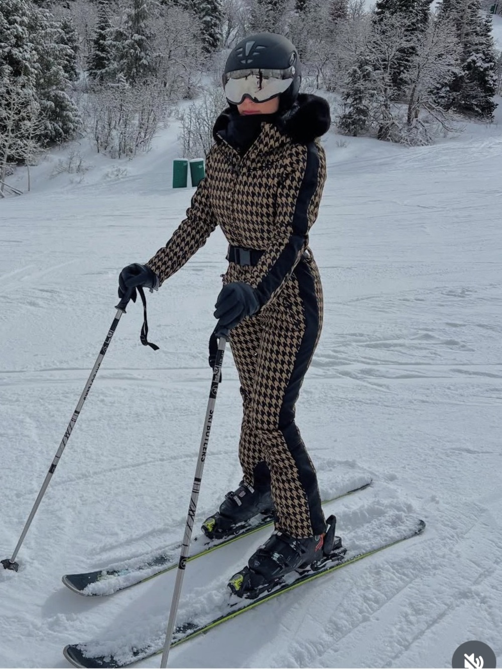 Houndstooth Belted Ski Jumpsuit with Faux-Fur Hood - Black & Tan